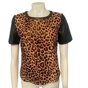 Halogen Leather & Animal Print Calfskin Short Sleeve Tee Sz S
